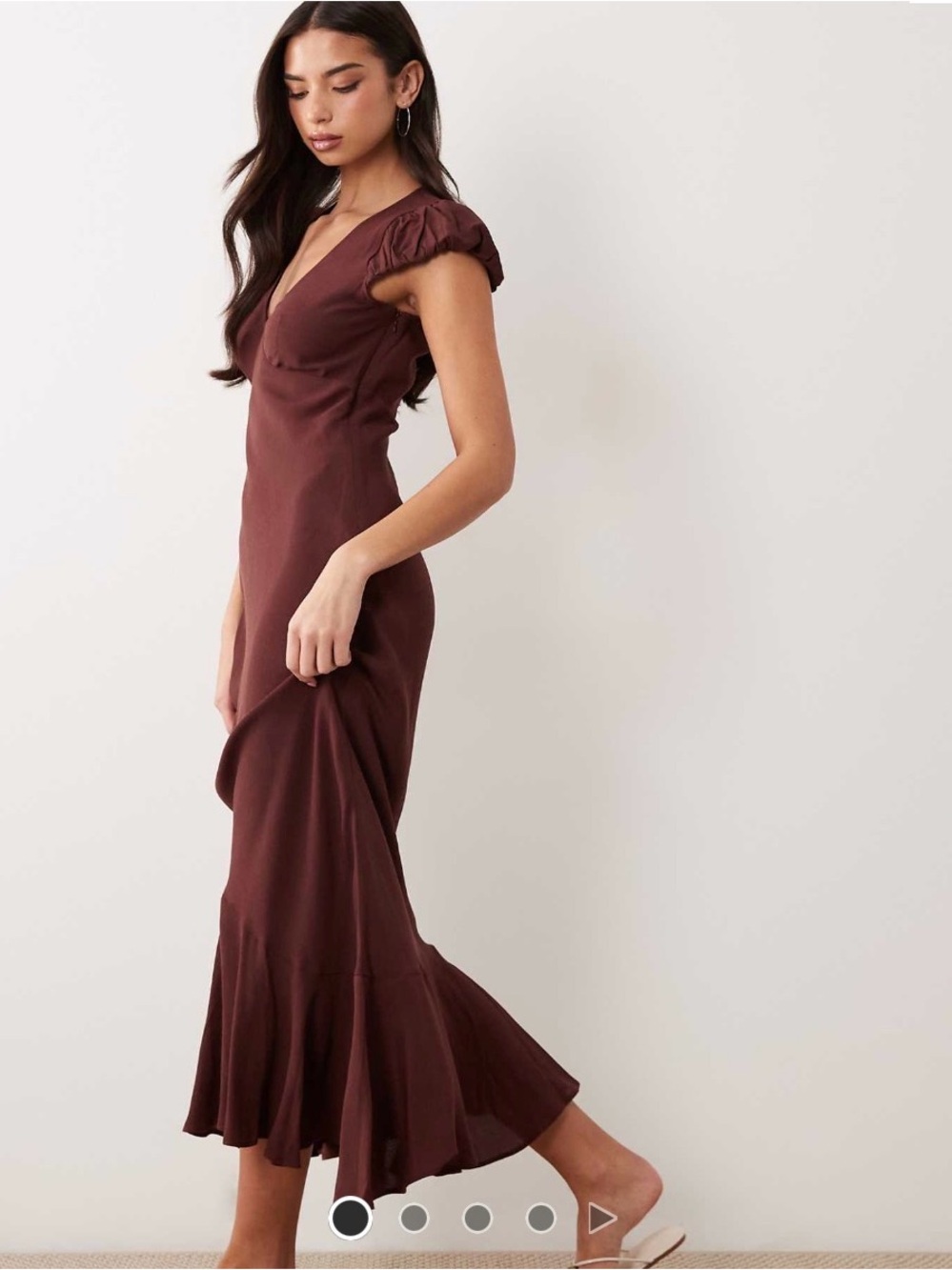 ASOS Chocolate Brown V-Neck Maxi Dress with Ruffle Hem